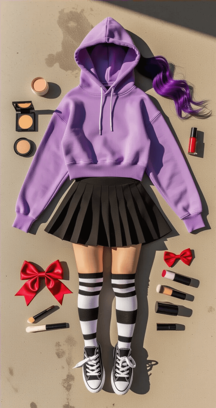 A flat-lay arrangement on polished concrete featuring Nina the Killer essentials: a purple hoodie, black pleated skirt, striped thigh-high socks, black sneakers, makeup items, and a red satin hair bow, all under golden afternoon light.