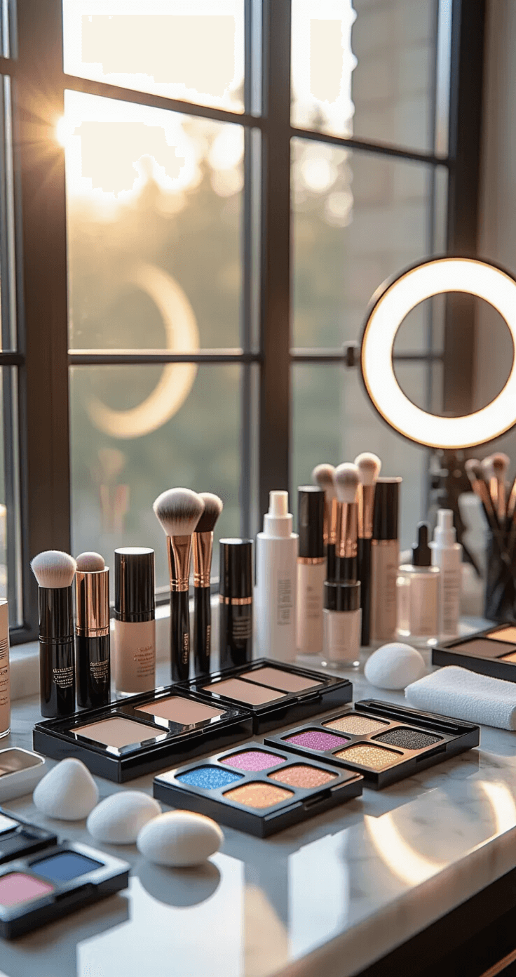 Ultimate Guide to Anime Cosplay Makeup: Transform Into Your Favorite Character A professional makeup artist's workspace with organized premium anime cosplay makeup supplies on a marble-topped vanity, featuring foundation kits, precision brushes, colorful contact lens cases, and metallic eyeliner tubes, all illuminated by soft natural daylight and a ring light in a minimalist white and rose gold color palette.