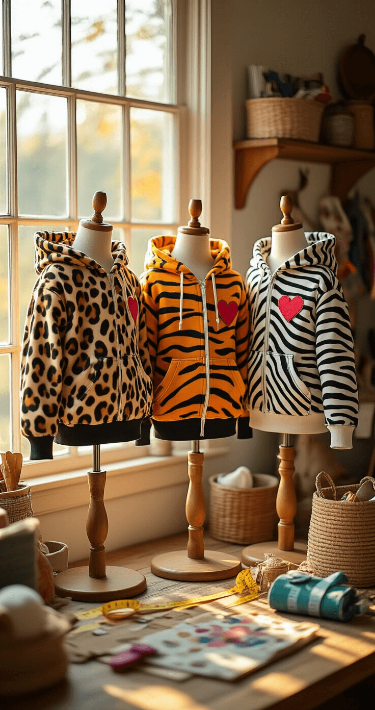 The Ultimate Guide to Trio Halloween Costumes in 2025: Trendy, Fun, and Totally Memorable! An upscale craft room bathed in afternoon golden light, featuring three budget-friendly DIY animal-print costumes displayed on vintage dress forms. The outfits, inspired by Beanie Babies, showcase leopard, tiger, and zebra hoodies with heart-shaped tags. The scene includes scattered crafting supplies and fabric swatches, set against rustic wooden surfaces and vintage sewing tools, creating a warm and creative atmosphere.
