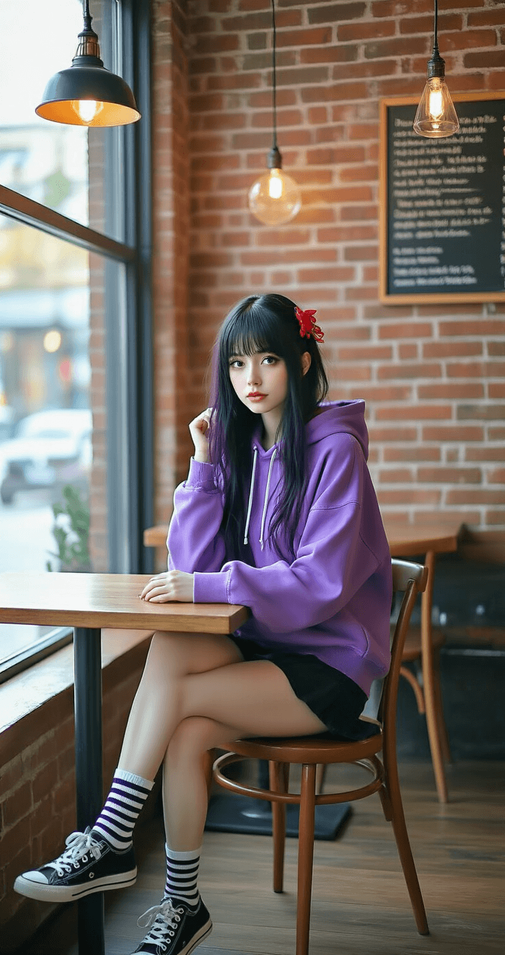 A young woman in a trendy coffee shop sits at a window table, wearing a deconstructed Nina-inspired outfit: a purple cotton hoodie with pushed-up sleeves, black denim pants, and black leather sneakers with visible striped socks. Her long black wig with purple highlights and a red hair accessory add a chic flair, all captured in warm afternoon light against exposed brick walls and vintage pendant lighting.
