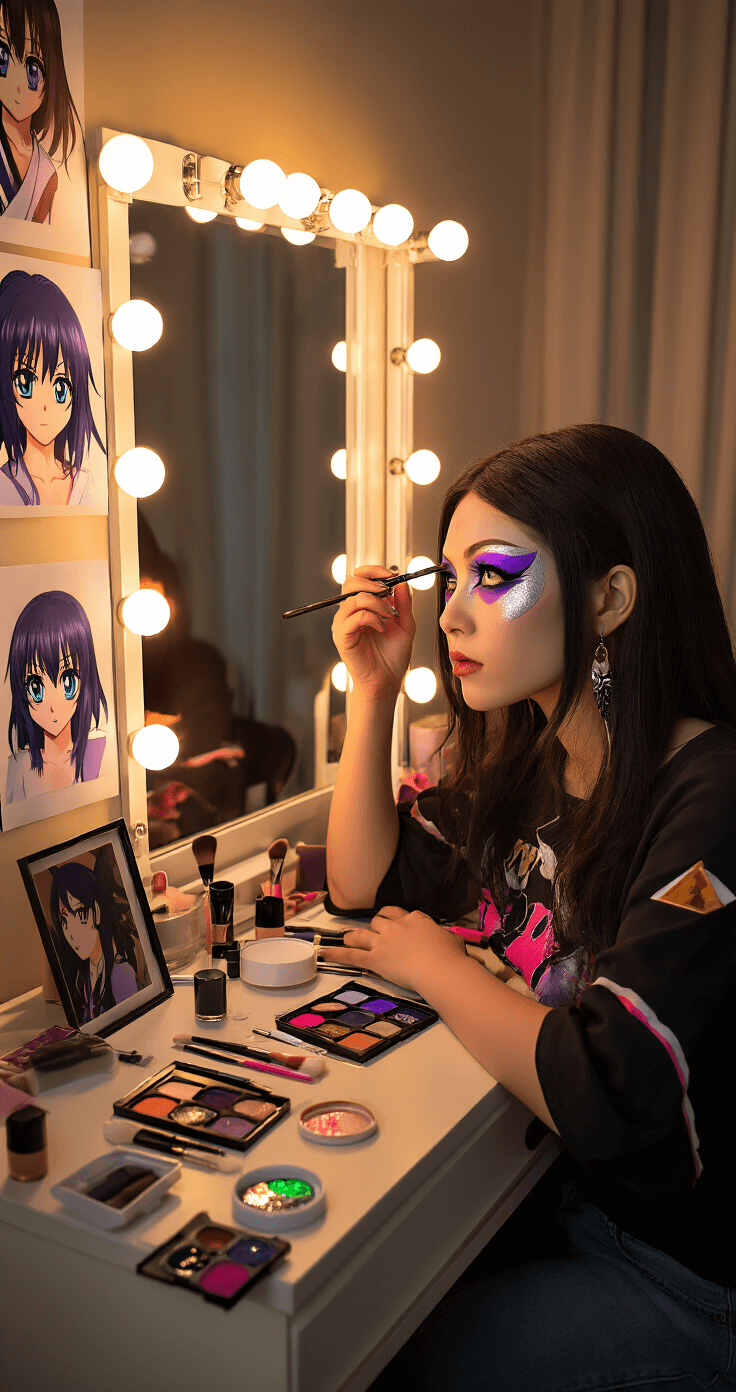 Ultimate Guide to Anime Cosplay Makeup: Transform Into Your Favorite Character A cosplayer mid-application of anime eye makeup at a Hollywood-style vanity mirror, featuring warm LED lighting, vibrant purple and silver eyeshadow, eye tape for enlarged eye shapes, and reference images of anime characters. False lashes and colored contact cases are visible, with a warm color palette of golds, purples, and silver.