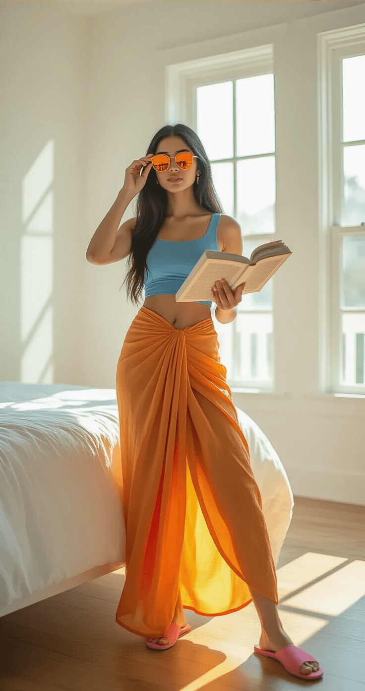 Ultimate Guide to Nico Robin Cosplay: Bring Your Favorite Character to Life A confident young woman wearing a fitted blue cropped top and a flowing light orange sarong skirt stands in a bright, minimalist bedroom, adjusting orange-tinted sunglasses while holding an open archaeology book, with warm golden hour sunlight illuminating her features and the room.