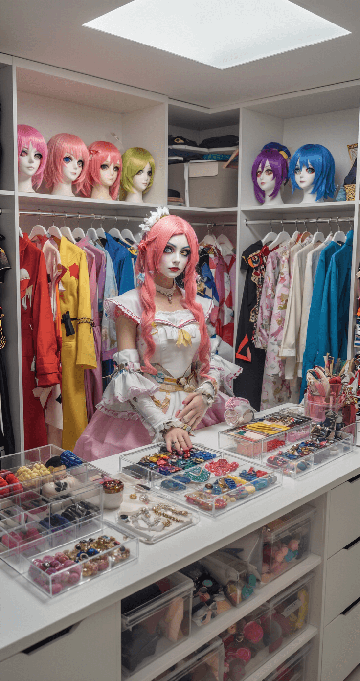 Ultimate Guide to Anime Cosplay Makeup: Transform Into Your Favorite Character A modern walk-in closet bathed in bright natural light, featuring a model with dramatic anime makeup selecting costume pieces, surrounded by colorful wigs, organized character costumes on velvet hangers, and neatly displayed accessories in clear acrylic organizers.