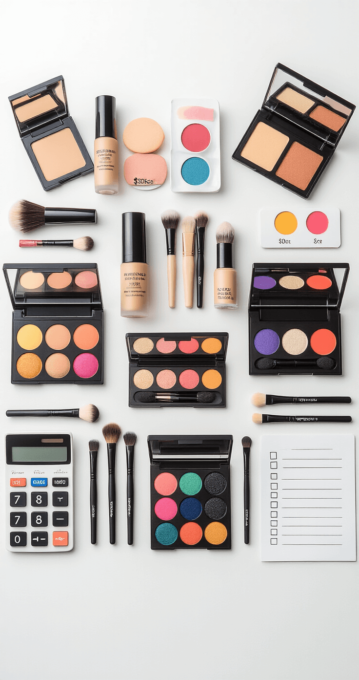 Ultimate Guide to Anime Cosplay Makeup: Transform Into Your Favorite Character Artistic flat lay of a budget-friendly cosplay makeup kit arranged symmetrically on a white surface, featuring drugstore foundation bottles, sleek brush sets, colorful anime-inspired eyeshadow palettes, false lash strips, price tags indicating $30-50, a calculator, a shopping list, color swatches, makeup sponges, and setting powder compacts, all presented in even, diffused lighting.