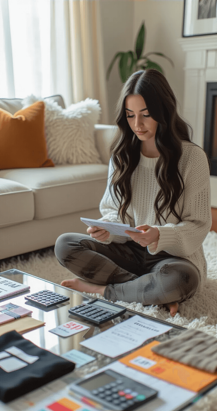 Ultimate Guide to Nico Robin Cosplay: Bring Your Favorite Character to Life A young woman sits cross-legged on a plush carpet in a stylish living room, surrounded by budget-friendly cosplay accessories on a glass coffee table, while examining costume pieces and comparing fabric swatches and wig options in natural afternoon light.