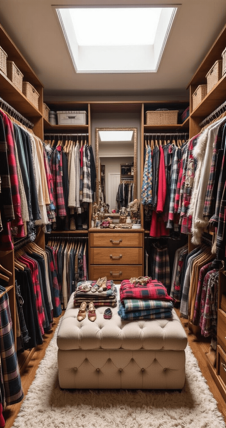 The Ultimate Guide to Trio Halloween Costumes in 2025: Trendy, Fun, and Totally Memorable! A beautifully organized walk-in closet bathed in soft morning light, showcasing an array of costume options including plaid wool skirts, fuzzy monster materials, and metallic fabrics arranged on an ottoman and hanging in an aesthetic layout, with vibrant pastels and bold colors enhanced by natural lighting.