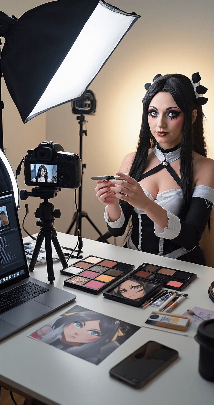 Ultimate Guide to Anime Cosplay Makeup: Transform Into Your Favorite Character A modern home studio setup showcasing a cosplayer applying makeup with professional lighting, including ring lights and softboxes, while filming her transformation process with a DSLR camera and smartphone on a gimbal. The scene features a vanity with makeup products and reference images, highlighting the intersection of cosplay artistry and content creation in warm artificial lighting.