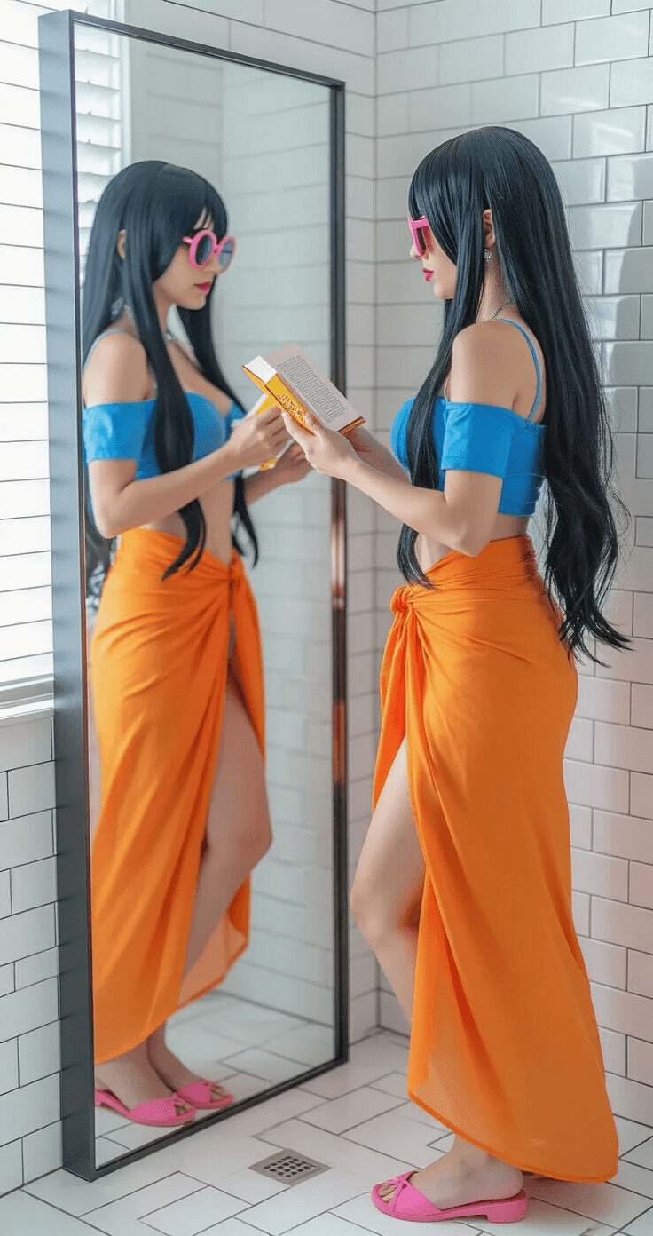 Ultimate Guide to Nico Robin Cosplay: Bring Your Favorite Character to Life A woman in a bright bathroom practices confident poses in a full Nico Robin cosplay outfit, featuring a blue cropped top and orange sarong, while holding a book prop. Soft morning light highlights her long black wig and pink shoes as she focuses on her reflection in a full-length mirror, with orange sunglasses on the marble countertop.