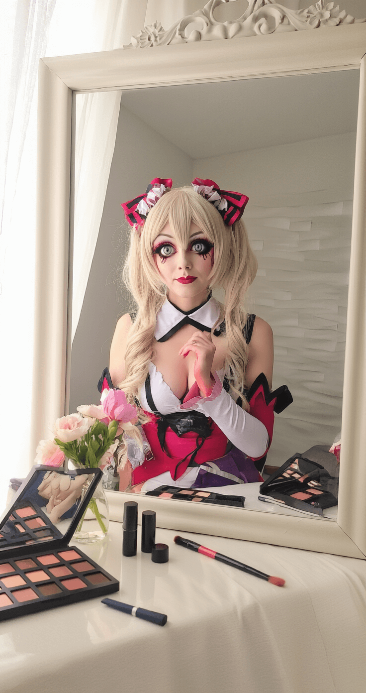 Ultimate Guide to Anime Cosplay Makeup: Transform Into Your Favorite Character A joyful person admires their completed cosplay transformation in a full-length mirror, showcasing dramatic anime makeup and a vibrant costume in a stylish bedroom lit by soft afternoon light filtering through sheer curtains. Scattered makeup tools and fresh flowers add elegance to the scene, highlighting the artistry and effort involved in the look.