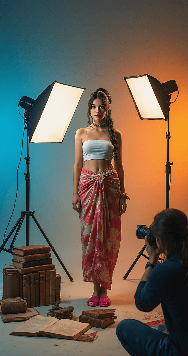 Ultimate Guide to Nico Robin Cosplay: Bring Your Favorite Character to Life A fashion photographer's studio featuring a model in Nico Robin cosplay, surrounded by professional softbox lighting and a gradient backdrop. The setup highlights the texture of the cotton crop top, a flowing sarong, and glossy pink shoes. Vintage books and archaeological artifacts are included as props, while the photographer adjusts camera settings on a DSLR, capturing the harmony of technical precision and creative character interpretation.