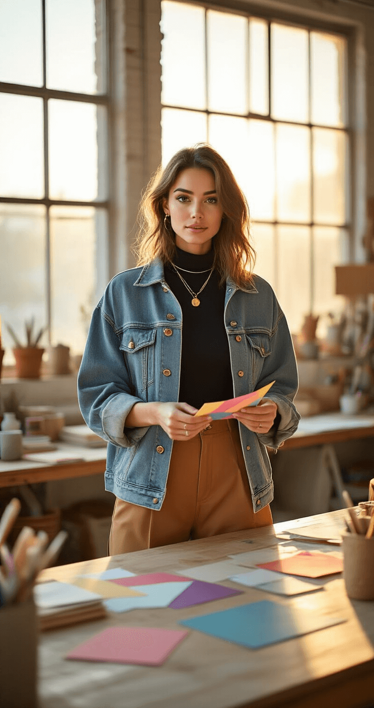 How to Create Stunning Paper Wigs: A DIY Cosplay A confident young woman in a trendy craft studio, wearing an oversized denim jacket and high-waisted camel trousers, holds colorful paper materials amidst organized craft supplies, illuminated by golden hour sunlight streaming through industrial windows.