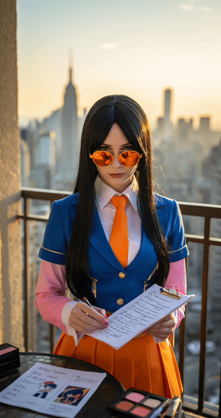 Ultimate Guide to Nico Robin Cosplay: Bring Your Favorite Character to Life A woman in a vibrant Nico Robin cosplay reviews a checklist on a sunlit apartment balcony, with orange sunglasses reflecting the urban skyline. She adjusts her long black wig as dramatic shadows fall through the railings, while a table nearby holds character references and makeup supplies, capturing the essence of cosplay preparation against a backdrop of cityscape.