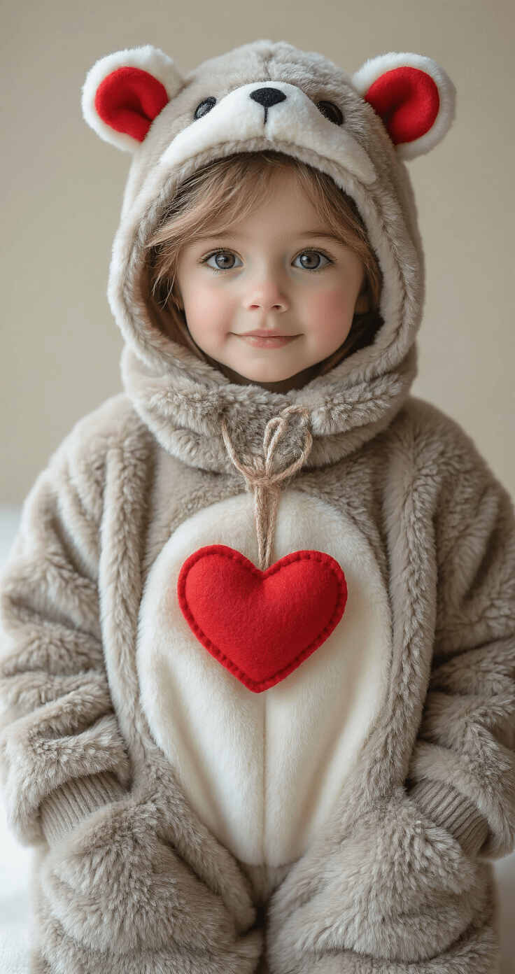 Playful studio portrait of models in beanie baby inspired costumes, showcasing plush textures and oversized red felt heart tags, set against a clean minimalist background that emphasizes the creative styling and handmade animal-themed accessories.