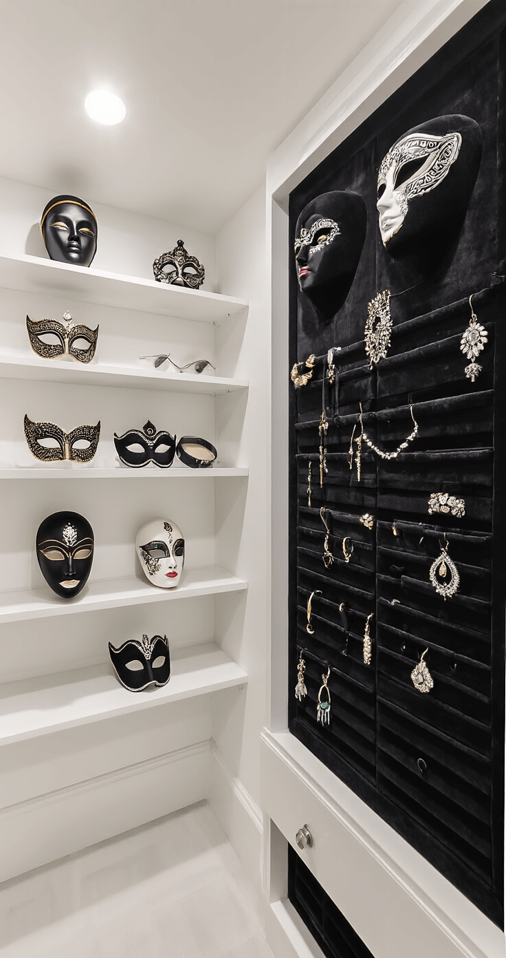 Mastering Cosplay Storage: A Comprehensive Guide to Protecting Your Costume Collection Minimalist accessory storage room with white floating shelves showcasing intricate masks and headpieces, a velvet-lined jewelry organizer wall, and LED spotlighting that highlights details, all set in soft ambient afternoon light.