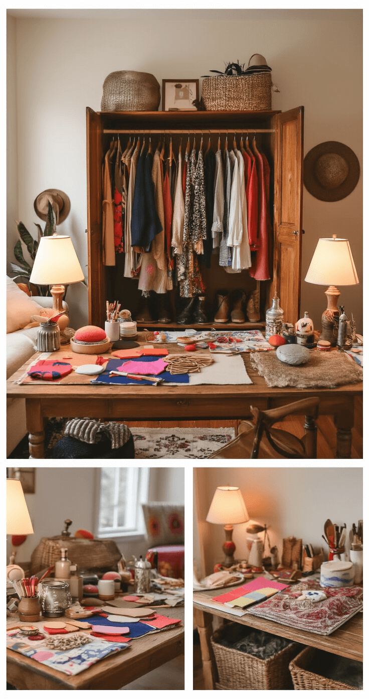 A cozy living room DIY costume styling session featuring an open wardrobe with quirky handmade elements, metallic fabrics, colorful felt, and craft supplies on a vintage wooden table. Two styling areas showcase a minimalist look with neutral tones and a maximalist approach with bold patterns. Soft evening light from table lamps highlights the creative details and repurposed items, captured at table level with shallow depth of field.