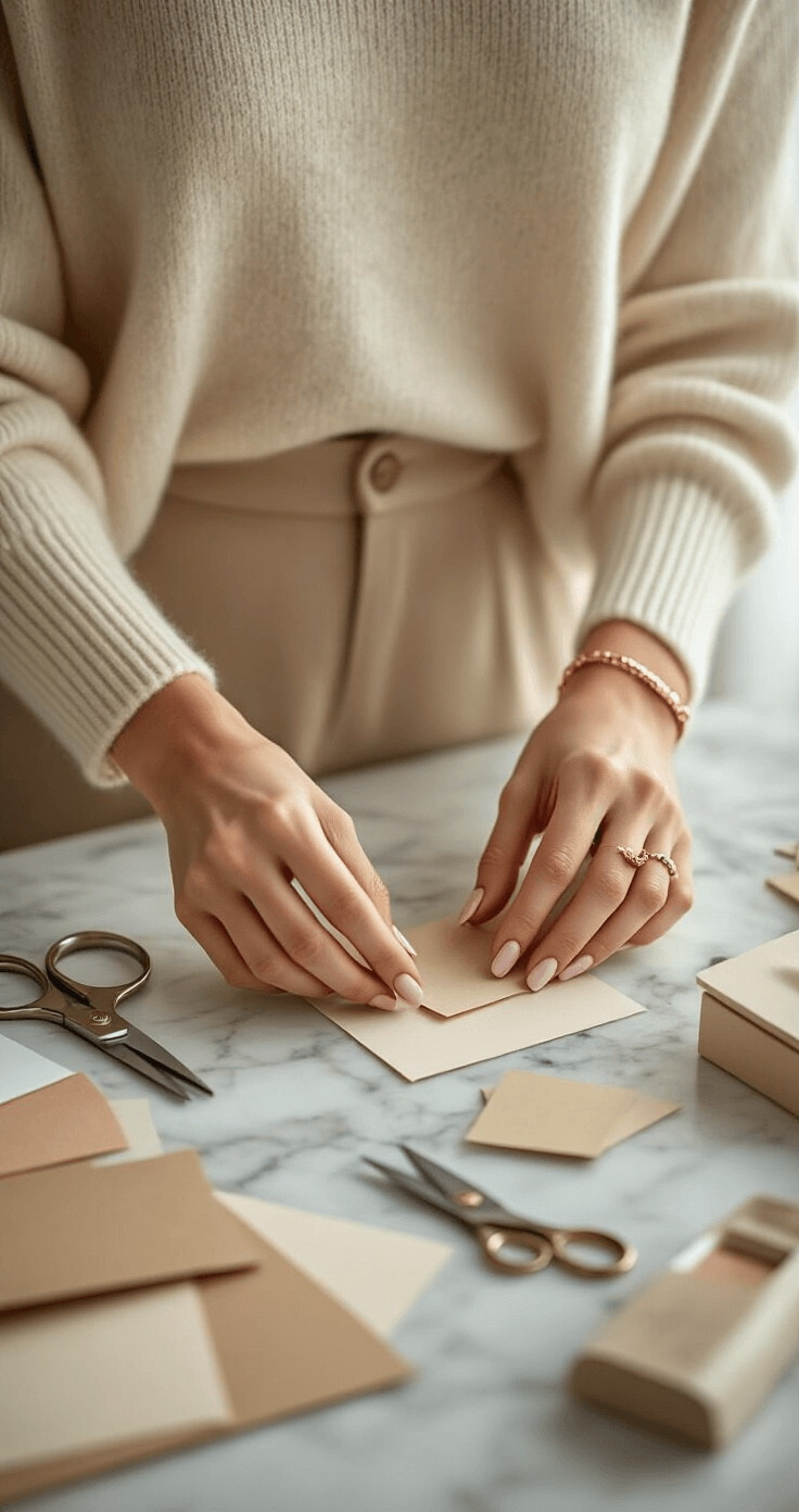 How to Create Stunning Paper Wigs: A DIY Cosplay Close-up of manicured hands arranging colorful craft supplies on a marble countertop, featuring a woman in a cream cashmere sweater and beige wide-leg pants. The scene captures a stylishly organized workspace bathed in soft morning light, highlighting textures of fabric, paper, and metallic tools.