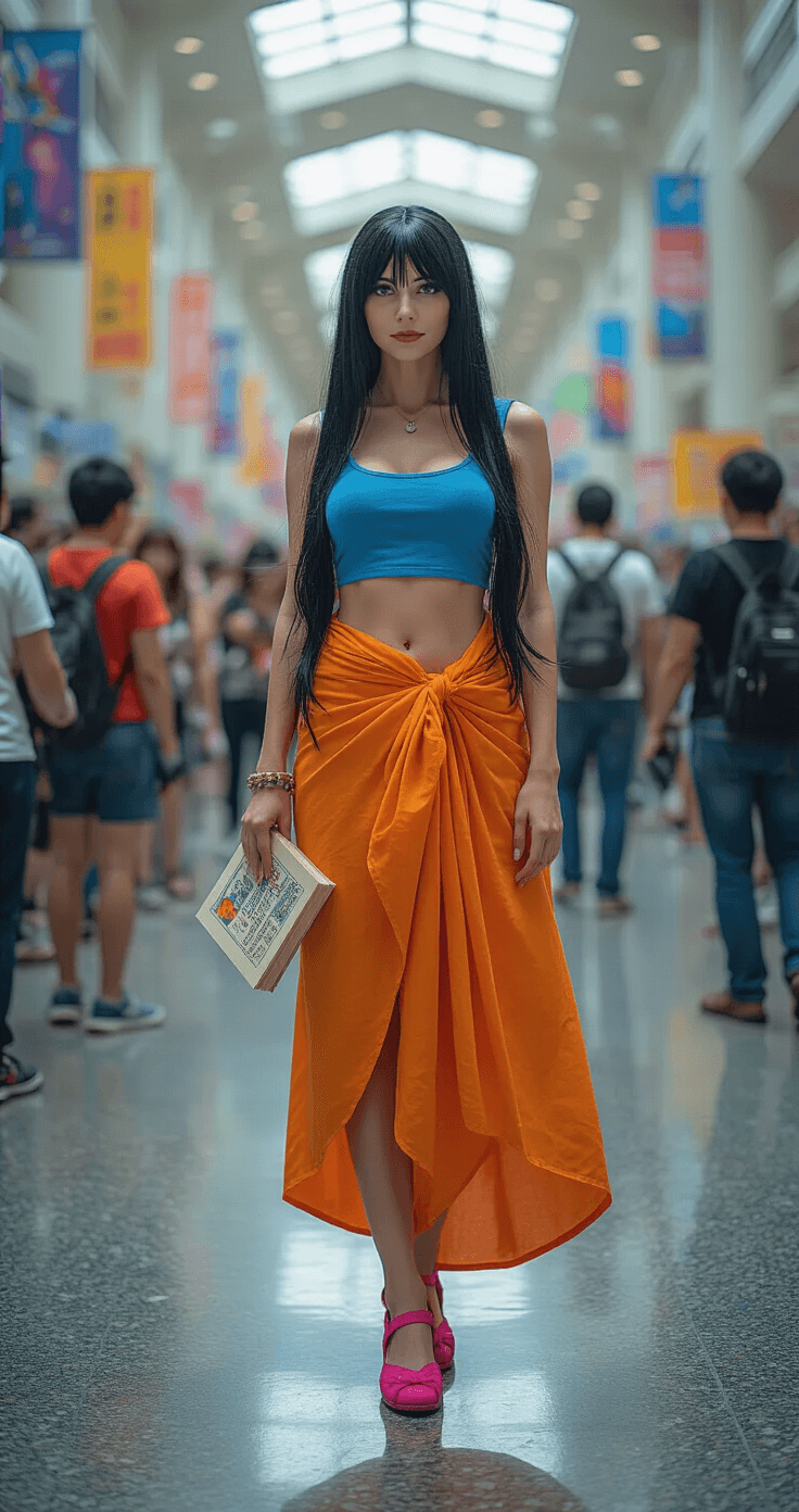 Ultimate Guide to Nico Robin Cosplay: Bring Your Favorite Character to Life A confident cosplayer portraying Nico Robin stands in a bustling convention center hallway, showcasing her detailed costume with a blue cropped top and orange sarong, while striking an intellectual pose with an archaeology book. Excited attendees and colorful promotional banners fill the background, and bright lighting enhances the scene's vibrant energy.