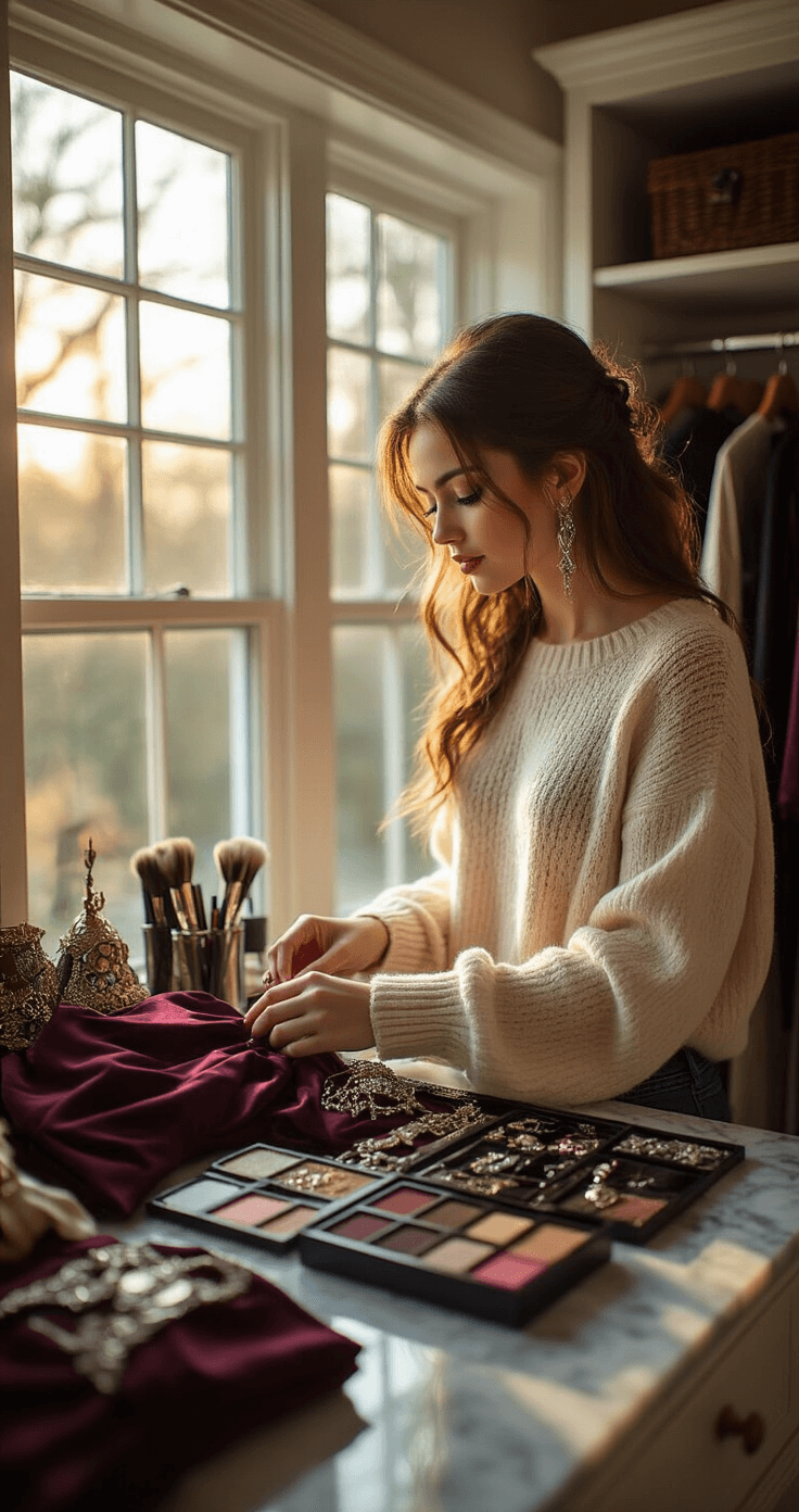 Ultimate Demon Slayer Cosplay A young woman organizes cosplay essentials in a spacious, sunlit walk-in closet during golden hour, wearing a cream cashmere sweater and high-waisted jeans, with intricate costume pieces and styling tools displayed on a marble vanity.