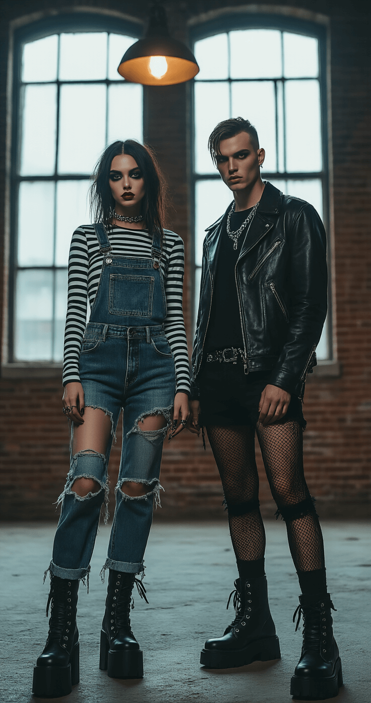 Two models in a moody industrial loft, styled in dark aesthetics: one in distressed denim overalls with bold makeup and chunky boots, the other in a leather jacket with fishnet stockings and combat boots. The scene features rich textures against exposed brick, illuminated by harsh shadows from streetlamp lighting.