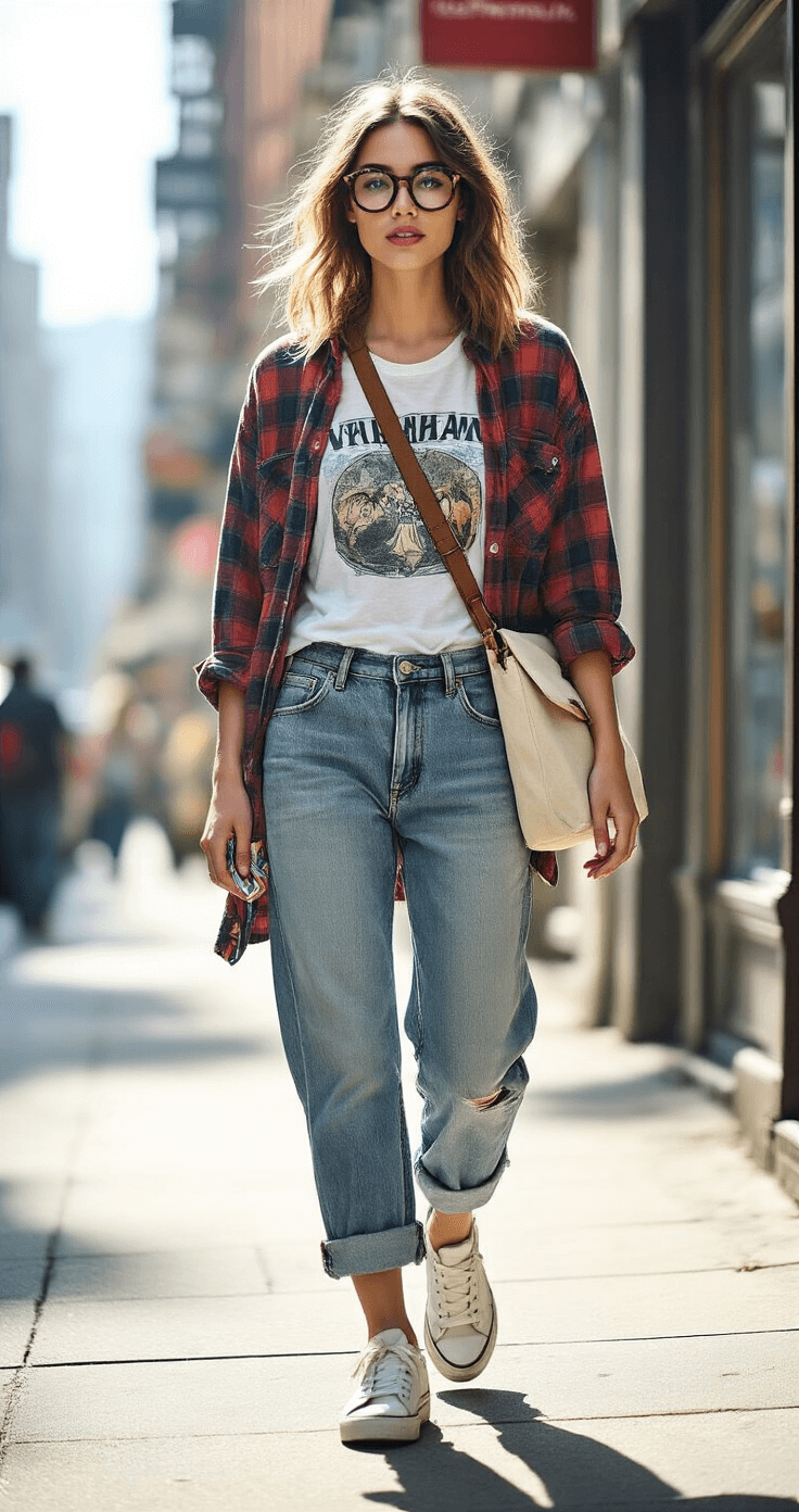 How to Create Stunning Paper Wigs: A DIY Cosplay A young woman in a vintage band t-shirt and plaid flannel walks down an urban sidewalk, showcasing a dynamic street-style look. She's wearing distressed boyfriend jeans, chunky white sneakers, and oversized tortoiseshell glasses, carrying a canvas bag with craft supplies. The midday sun creates dramatic shadows, highlighting the textures of her eclectic outfit in muted blues, grays, and pops of red.