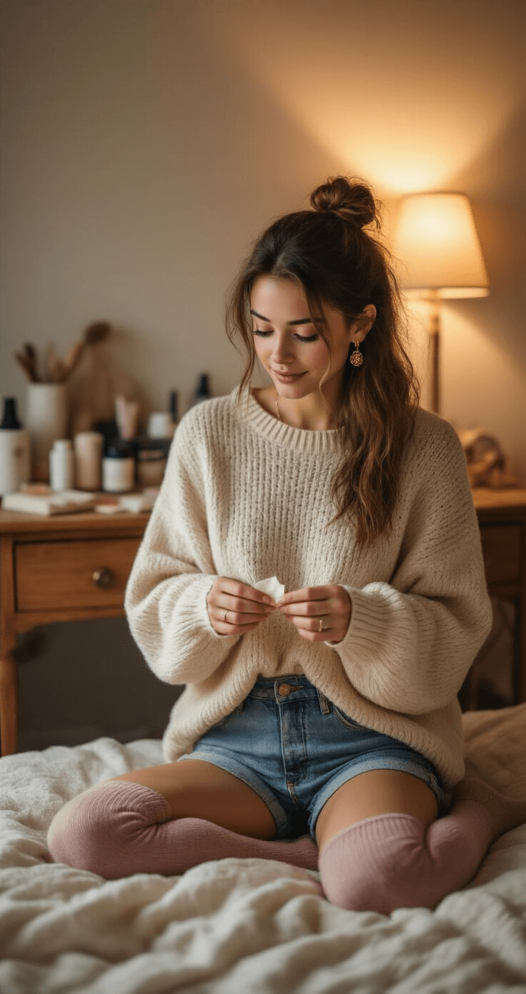 How to Create Stunning Paper Wigs: A DIY Cosplay A young woman in a cozy oversized cream sweater and denim shorts tries on a handmade paper creation in a warmly lit bedroom, surrounded by beauty products and craft materials on her vanity table, with soft textures and intimate atmosphere.