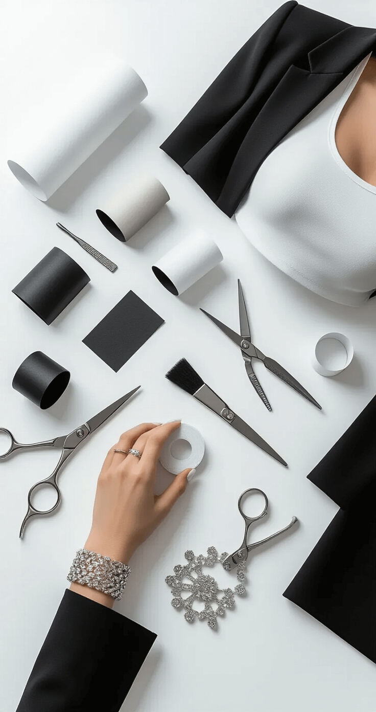 How to Create Stunning Paper Wigs: A DIY Cosplay Professional flat-lay of styling techniques featuring curled paper strips and tools on a white backdrop; model's sleek black blazer and silver jewelry edge the frame, emphasizing monochrome sophistication and geometric organization.