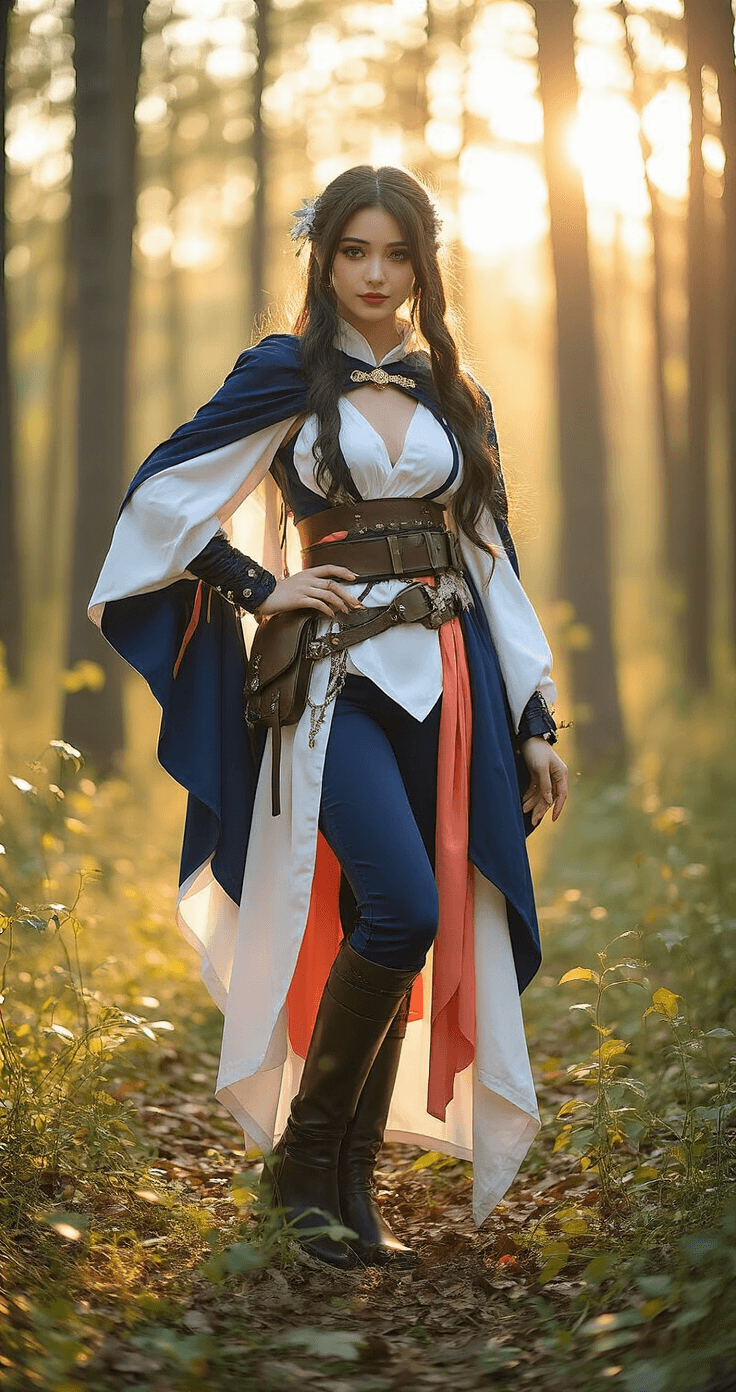 Ultimate Demon Slayer Cosplay A young woman poses confidently in a serene forest clearing during golden hour, dressed in a deep navy and white cosplay with coral accents. The soft dappled sunlight enhances her flowing fabric cape and structured costume pieces, while carefully styled accessories and intricate makeup highlight her features. The camera angle, positioned slightly below eye level, captures the empowering essence of her creative expression in this tranquil setting.