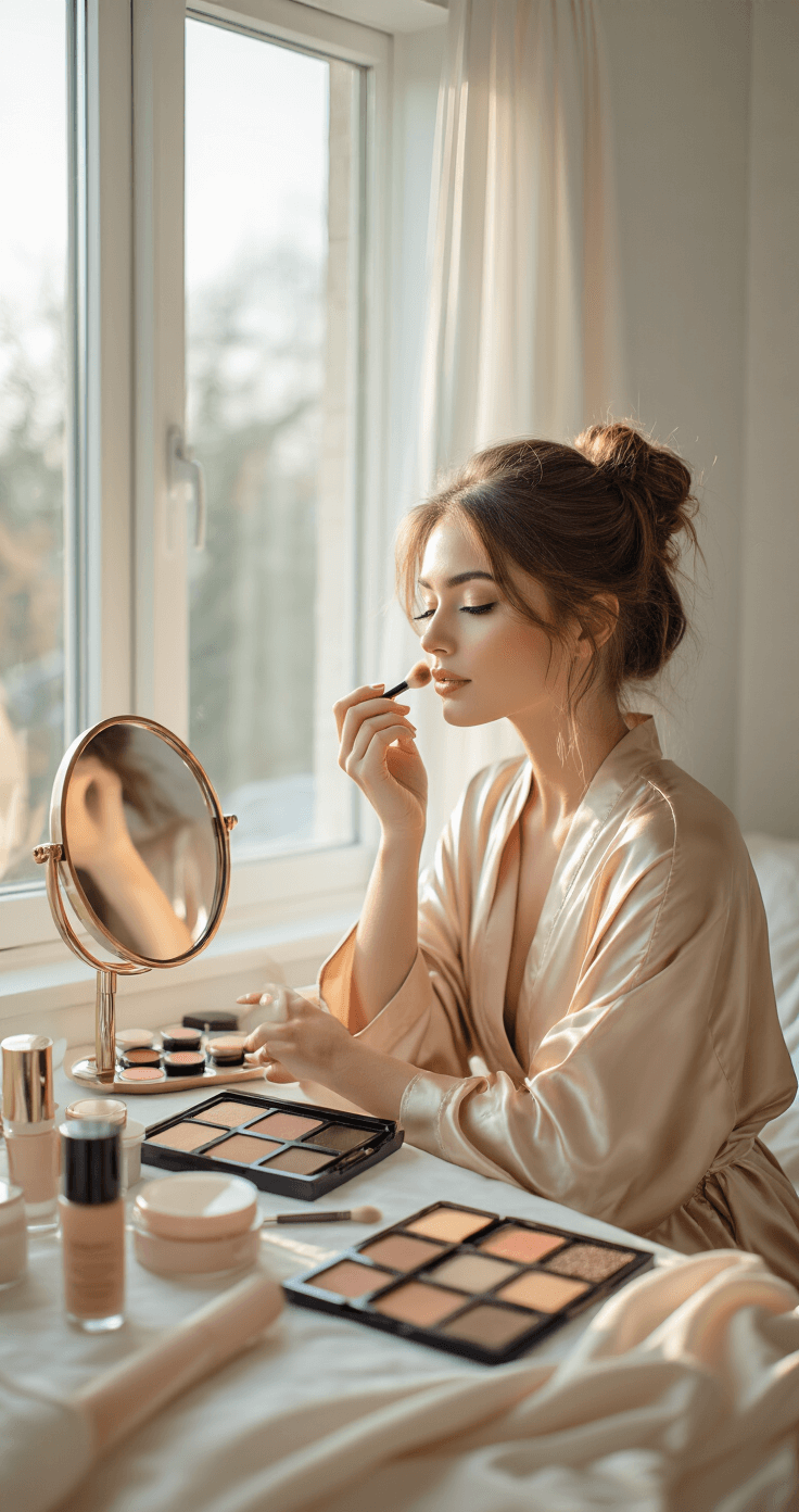 Ultimate Demon Slayer Cosplay A young woman in a champagne silk robe applies makeup at a vanity table in a bright, modern bedroom, surrounded by organized cosmetic palettes and tools, illuminated by soft morning light.