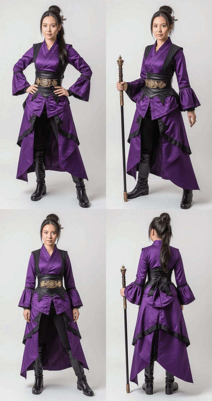 Ultimate Demon Slayer Cosplay A young woman in a purple and black cosplay ensemble poses confidently in a bright photography studio, surrounded by controlled lighting and natural fill light. The scene highlights her intricate costume details, vibrant textures, and carefully styled accessories, captured from multiple angles to emphasize empowerment and artistic expression.