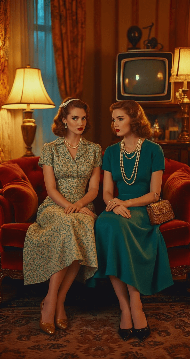 14 Epic Best Friend Halloween Costumes That'll Make Everyone Laugh Cozy vintage-inspired living room with warm amber lighting, featuring 1950s-style cotton dresses, pearl accessories, and vintage heels arranged on a plush velvet sofa, showcasing timeless friendship fashion in rich emerald and sapphire tones.