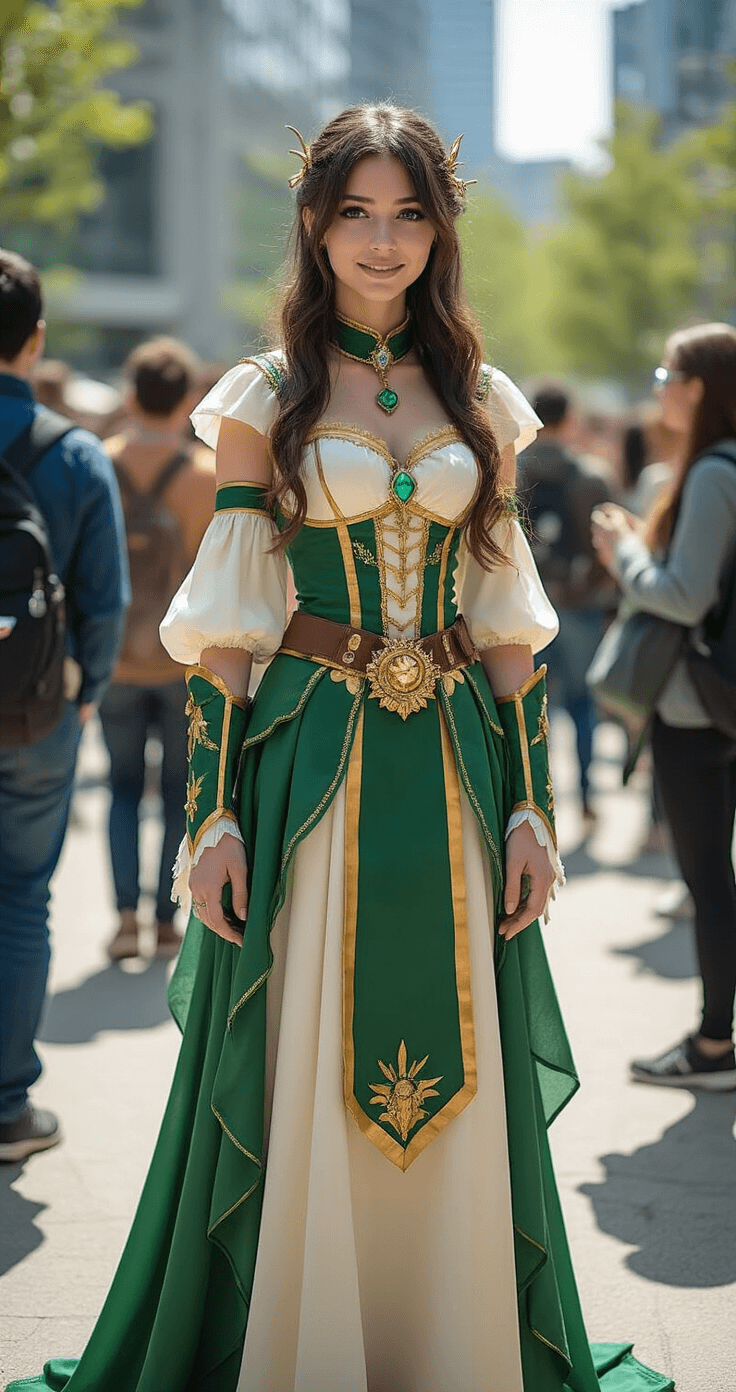 Ultimate Demon Slayer Cosplay A young woman proudly displays her detailed emerald green and gold cosplay at a vibrant outdoor convention, surrounded by an enthusiastic crowd, showcasing the artistry and community spirit of cosplay culture.