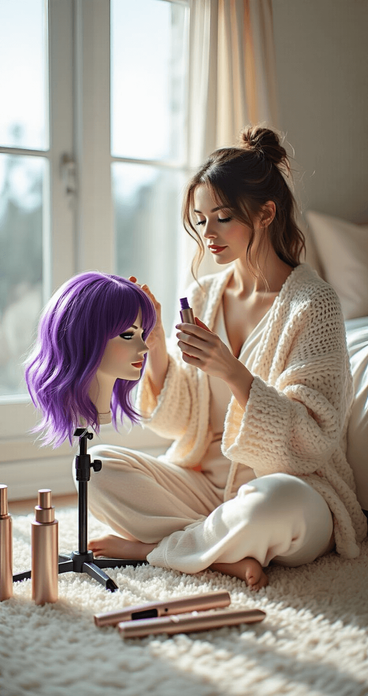 The Ultimate Wig Styling Guide for Cosplayers A woman in cream pajamas and a chunky cardigan sits cross-legged on a plush ivory carpet, applying Got2b freeze spray to a vibrant purple cosplay wig on a stand, surrounded by organized rose gold beauty tools in a softly lit, cozy bedroom corner.