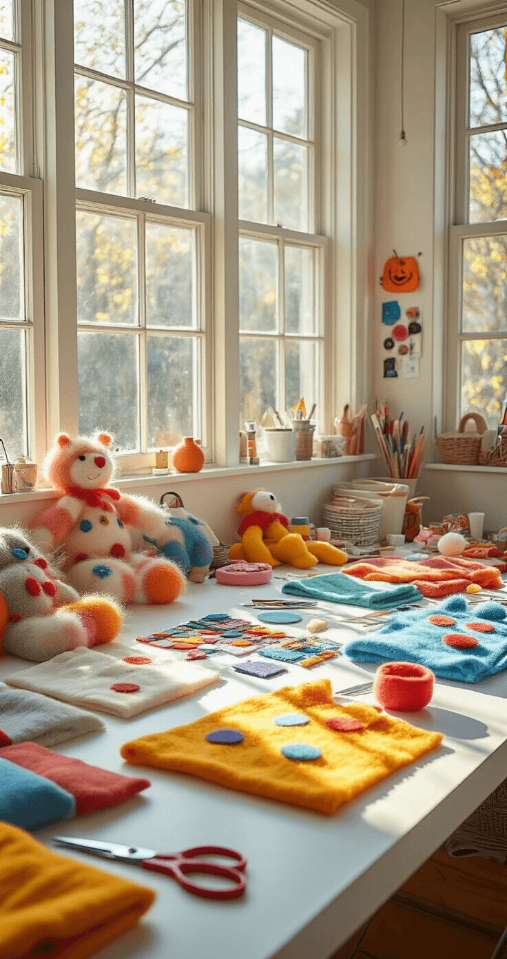 14 Epic Best Friend Halloween Costumes That'll Make Everyone Laugh Bright craft room filled with natural afternoon sunlight, showcasing a DIY costume workspace with colorful felt, cotton fabrics, crafting scissors, and fuzzy dice costumes on a white table, all captured from an overhead angle.