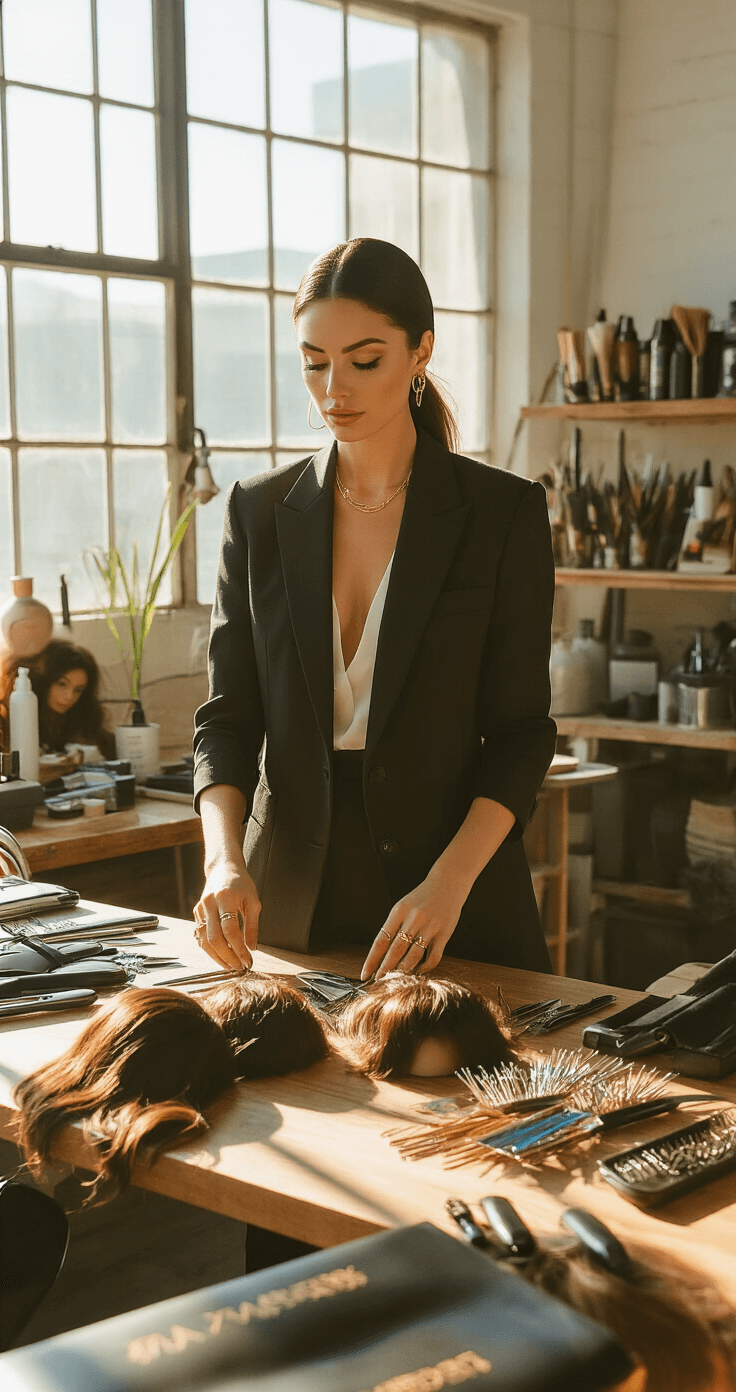 The Ultimate Wig Styling Guide for Cosplayers Aerial view of a sunlit creative studio with a fashion-savvy woman in a structured blazer arranging colorful character wigs on a wooden table, surrounded by styling tools and drenched in natural light, highlighting the organized chaos of cosplay preparation.