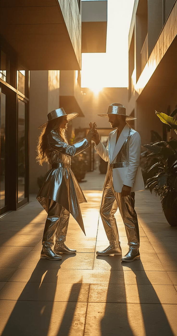 14 Epic Best Friend Halloween Costumes That'll Make Everyone Laugh Two friends in whimsical Rock Paper Scissors costumes pose in a trendy outdoor courtyard during golden hour, showcasing metallic silver for 'rock,' crisp white cotton for 'paper,' and geometric leather accessories, with modern architecture in the background and warm sunlight creating dramatic shadows.