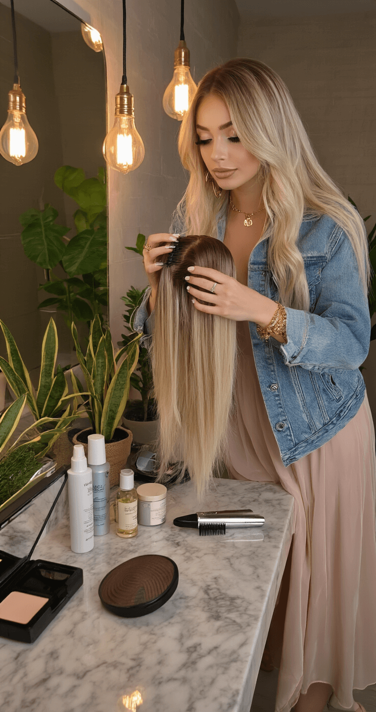 The Ultimate Wig Styling Guide for Cosplayers A young woman in a flowing midi dress and denim jacket styles a long blonde wig at a marble bathroom countertop, surrounded by beauty tools and potted plants in a chic urban apartment, with warm ambient lighting highlighting the scene.