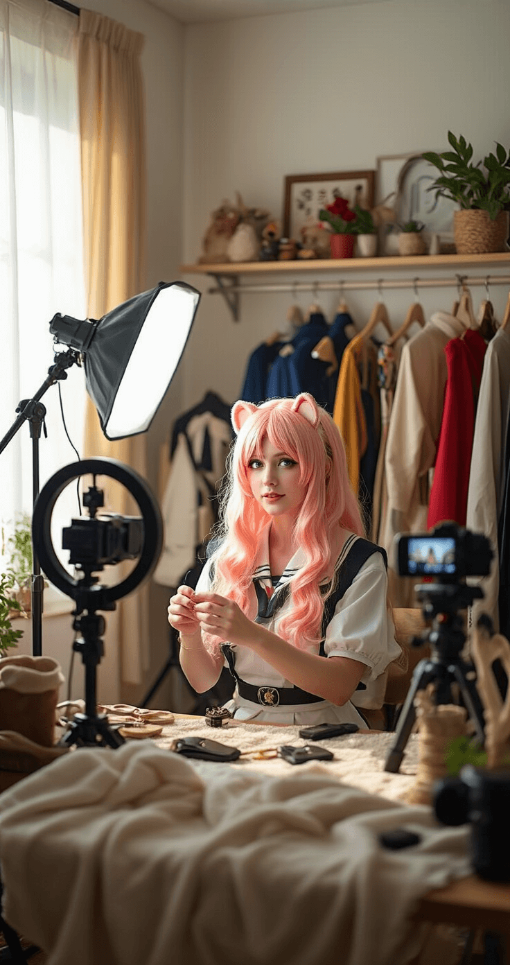 The Ultimate Guide to Anime Cosplay Fashion: From Beginner to Pro A cosplayer records a tutorial in a cozy apartment filming setup, with natural light streaming in. They're styling a character-accurate wig amidst professional equipment like ring lights and cameras, surrounded by completed costumes and accessories in the background.