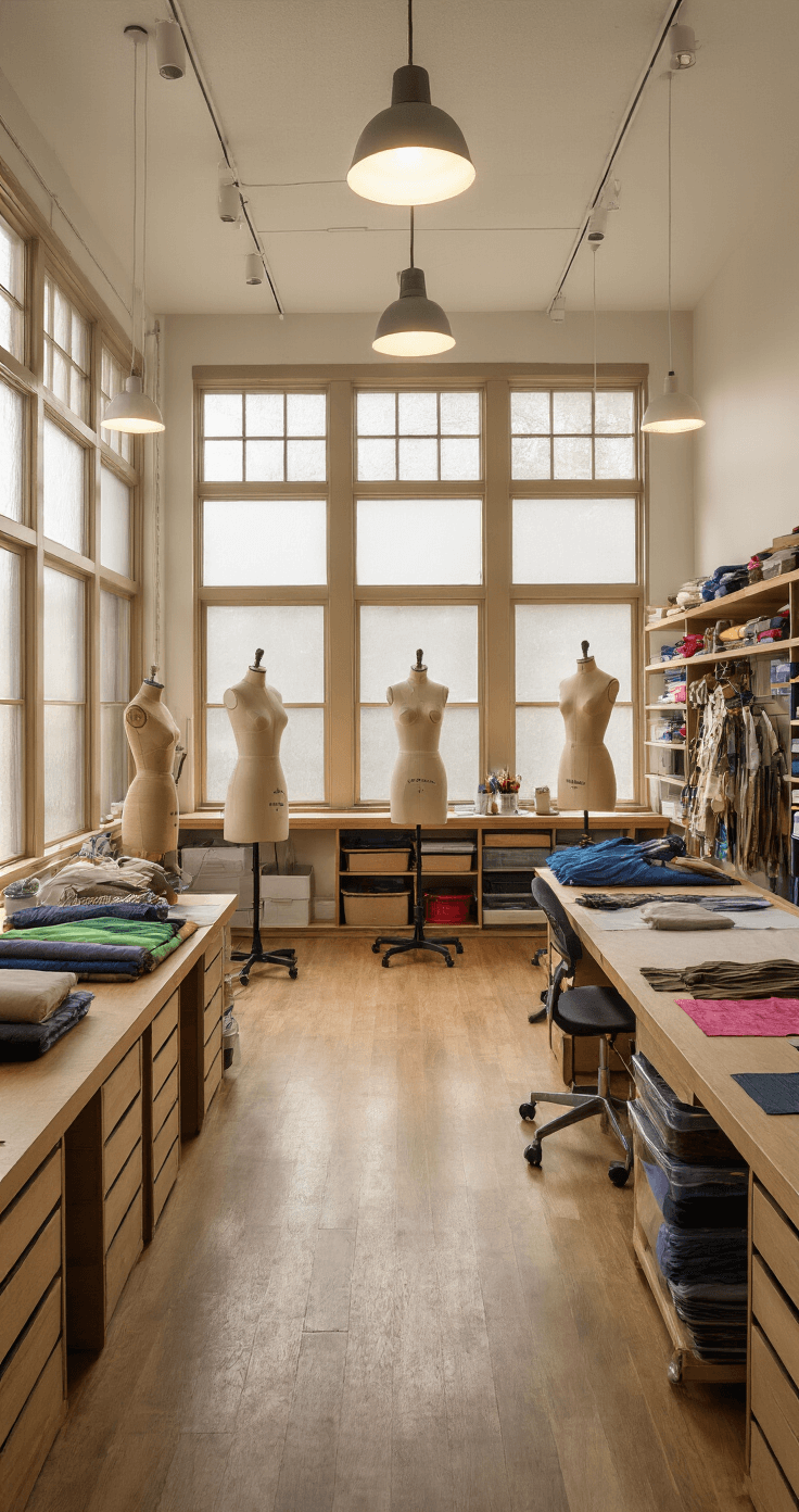 Mastering Cosplay Storage: A Comprehensive Guide to Protecting Your Costume Collection A spacious contemporary costume workshop measuring 18x20ft, featuring diffused daylight from frosted windows, with professional dress forms showcasing works in progress. The perimeter is lined with custom built-in storage solutions, specialized areas for fabrics, notions, and tools, all illuminated by a museum-quality lighting system. The color palette includes warm wood tones, neutral storage solutions, and a vibrant rainbow of fabrics, highlighting the organized workflow layout and professional-grade equipment.