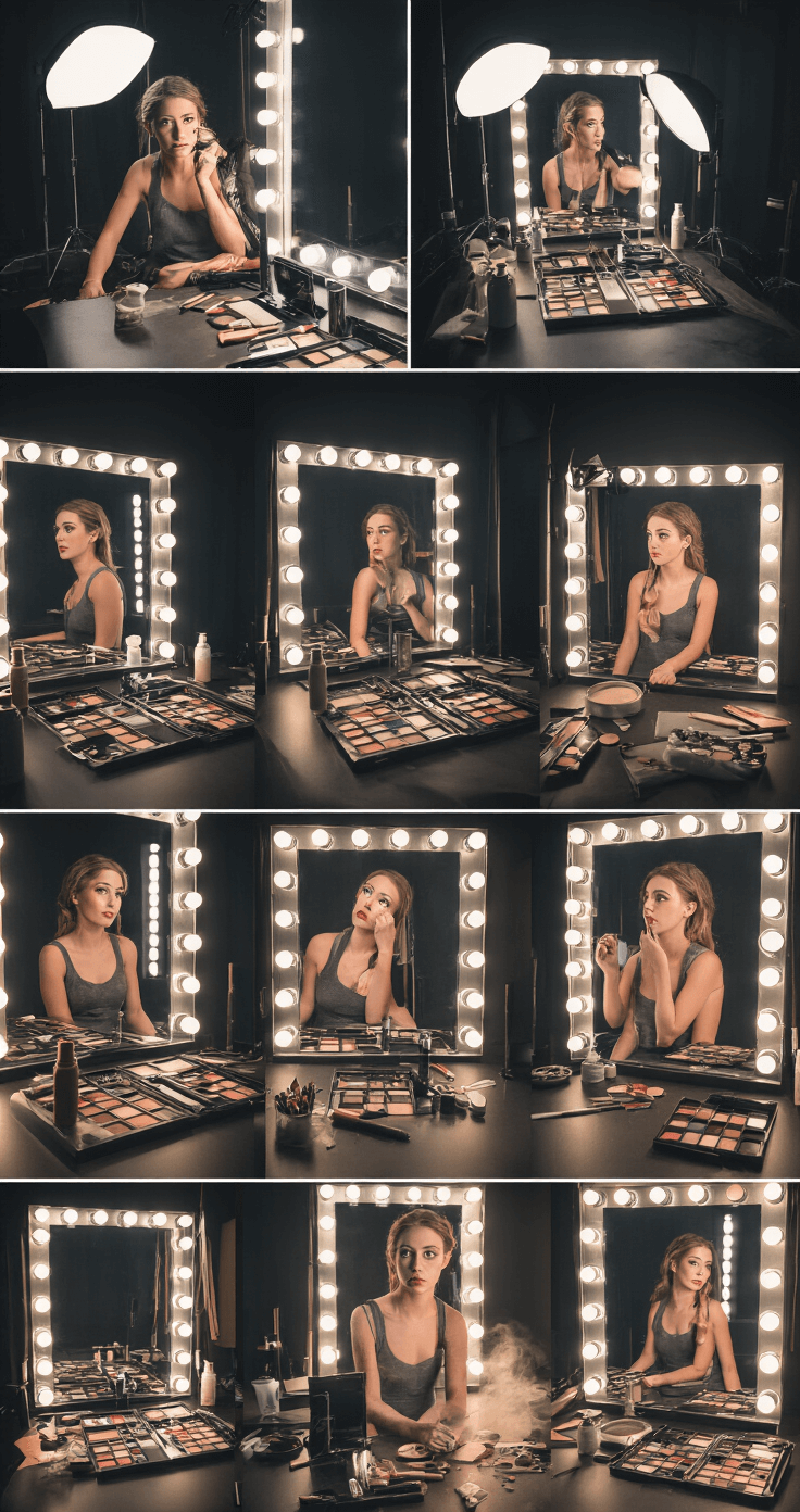 The Ultimate Cosplay Makeup Guide: Transform Into Your Favorite Character Editorial-style shot in a spacious makeup studio featuring dramatic lighting, showcasing a completed character transformation with professional photography lighting highlighting intricate makeup details, surrounded by multiple mirrors reflecting various angles, and an artistic arrangement of used makeup products and tools that narrate the transformation journey.