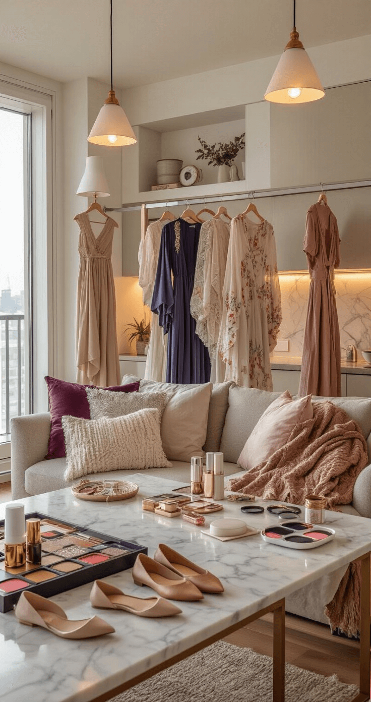 14 Epic Best Friend Halloween Costumes That'll Make Everyone Laugh Authentic lifestyle photograph of a stylish apartment kitchen in soft evening light, featuring various costume options in jewel tones on modern furniture, comfortable footwear, and coordinated makeup products on marble countertops, capturing a cozy decision-making moment among friends.