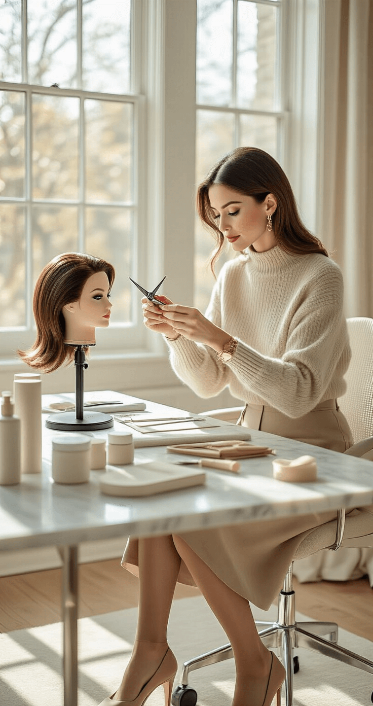 The Ultimate Wig Styling Guide for Cosplayers A stylish woman in a cashmere sweater and tailored midi skirt trims a character wig at a modern desk in a softly lit home office corner, surrounded by minimalist styling products, highlighting her artistic dedication and elegant aesthetic.