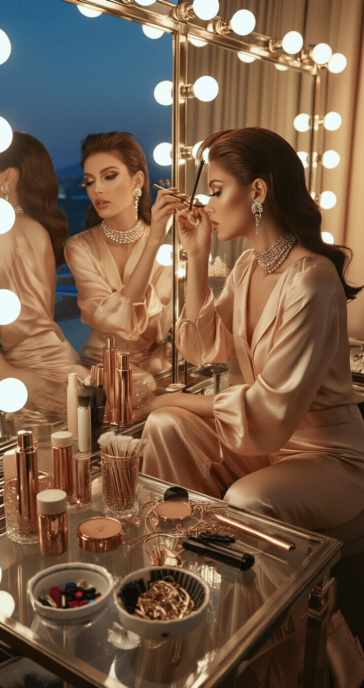 The Ultimate Wig Styling Guide for Cosplayers A luxurious bedroom vanity area during the blue hour, featuring a woman in elegant wide-leg trousers and a silk blouse, applying finishing touches to a styled wig. The intimate soft lamp lighting highlights her reflection in a tri-fold mirror, surrounded by organized beauty tools, lustrous synthetic hair, and an array of rose gold implements, capturing the essence of cosplay preparation.