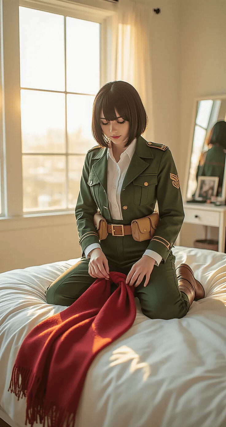 A young woman in a sunlit bedroom meticulously organizes her Mikasa Ackerman cosplay outfit on a minimalist white bed, with golden hour light illuminating the deep forest green jacket, white shirt, and red wool scarf. A sleek black bob wig rests on a styling stand nearby, while reference images and makeup brushes are neatly arranged in the background.