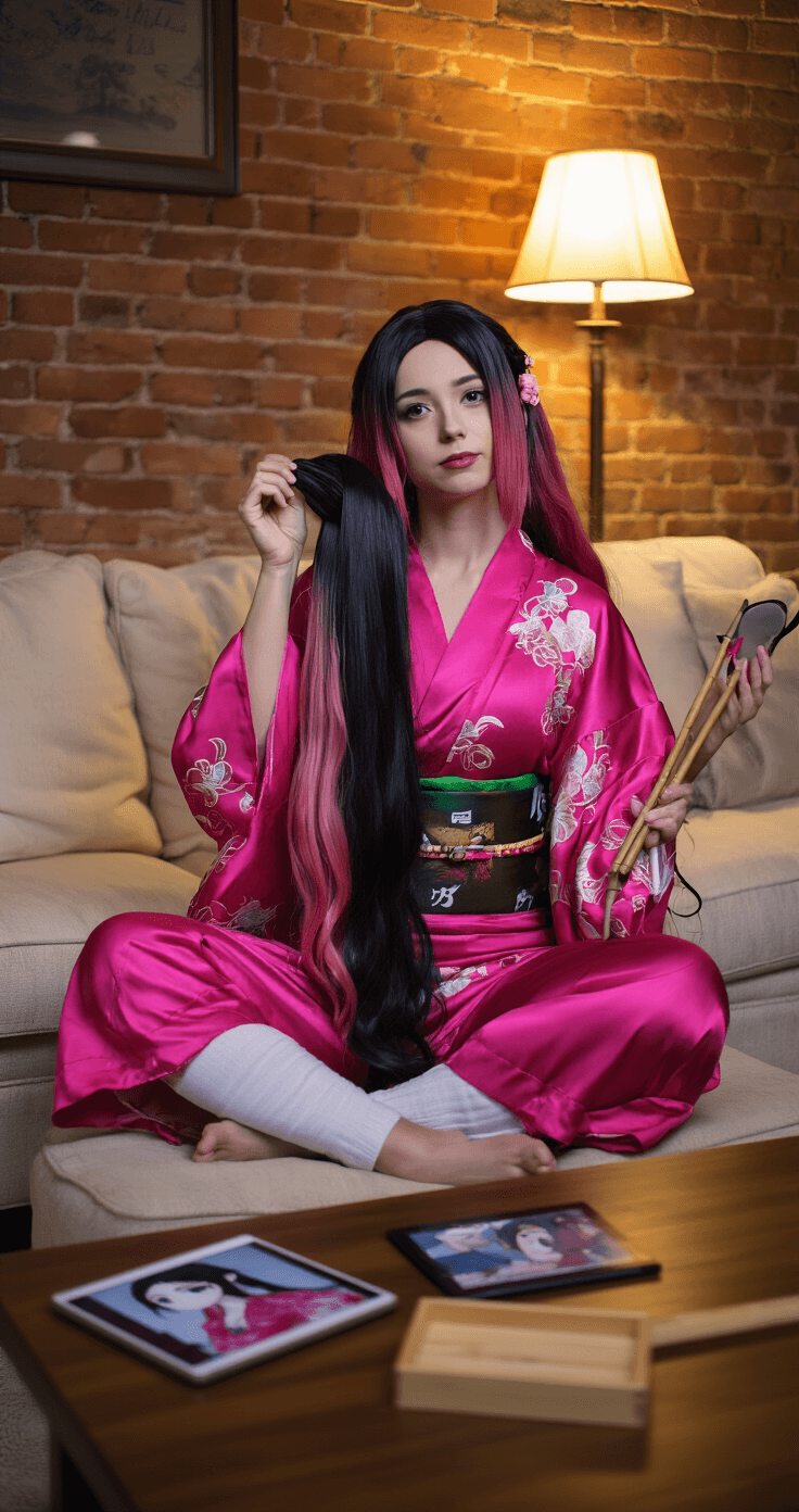 A woman sits cross-legged on a cream sofa in a warmly-lit apartment, trying on a vibrant pink silk kimono and holding a long black wig with ombre tips while comparing it to Nezuko reference photos on her tablet, with cosplay accessories scattered on the coffee table.