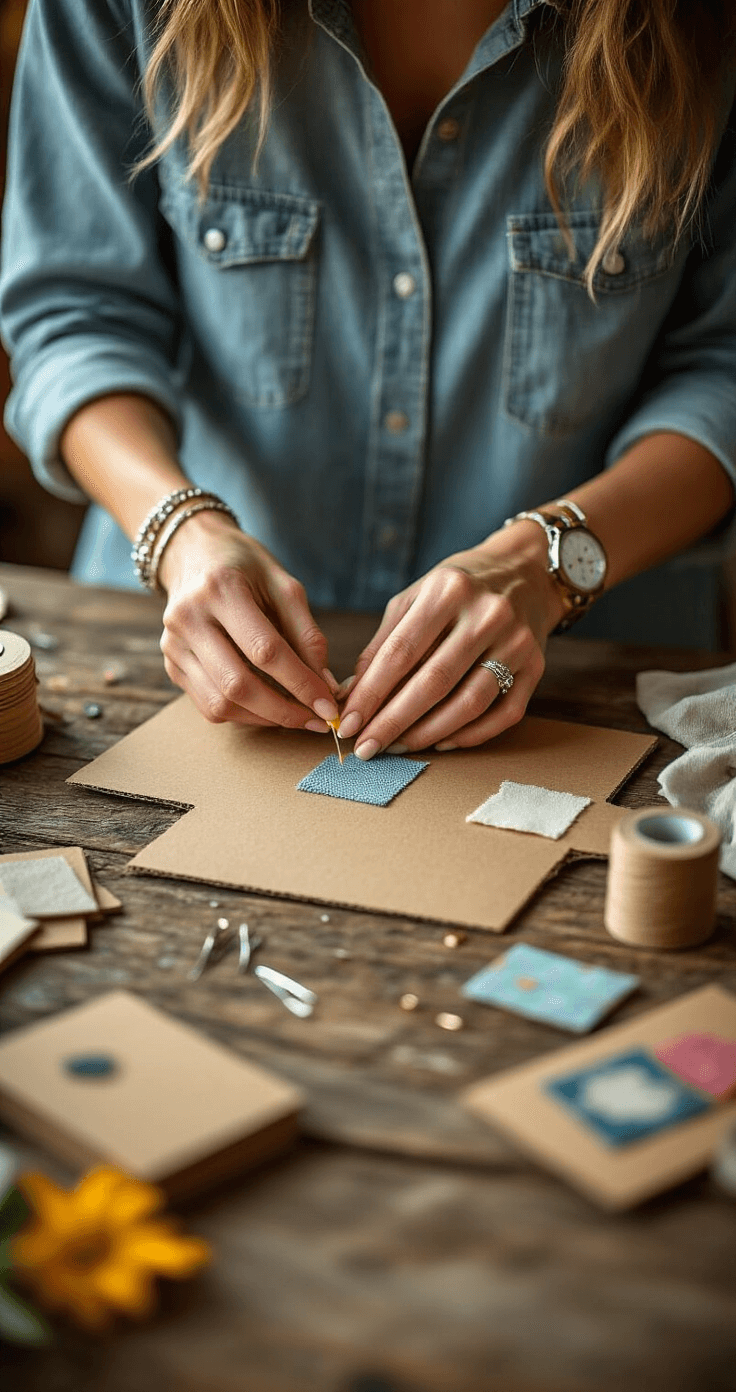 Book Character Costumes: Your Ultimate DIY Guide to Bringing Stories to Life Intimate close-up of a woman's hands applying fabric glue to a cotton t-shirt on a rustic wooden craft table, surrounded by cardboard cutouts, colorful patches, and craft supplies, featuring warm afternoon light and rich textures.