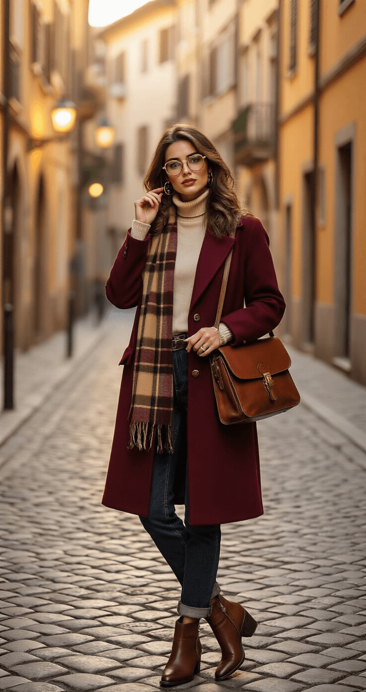 Book Character Costumes: Your Ultimate DIY Guide to Bringing Stories to Life A confident woman poses in a literary-themed outfit on a charming cobblestone street during golden hour, wearing a burgundy wool coat, cream turtleneck, dark wash jeans, and brown leather ankle boots. She carries a vintage leather satchel and wears round gold-rimmed glasses, a plaid wool scarf, and antique brass jewelry. The background features warm streetlamp glow and European-style architecture, as she adjusts her glasses with one hand and holds a leather-bound book with the other, capturing a storytelling spirit.