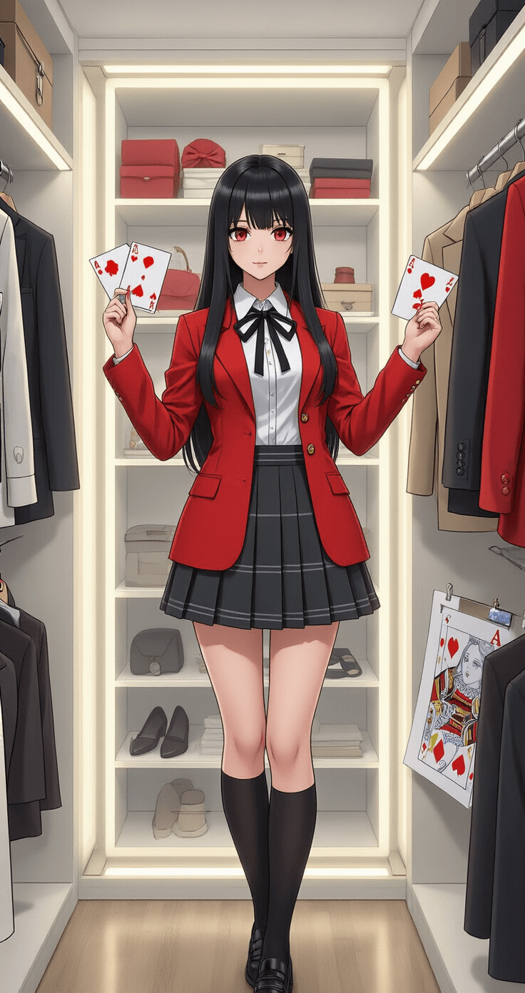 A fashion-forward woman stands in a well-organized walk-in closet, wearing a Yumeko Jabami cosplay with a red blazer, white collared shirt, and black ribbon bow tie, adjusting her lapels. Sunlight filters through frosted glass, illuminating various outfit variations and neatly arranged accessories, including playing card props and reference sheets.
