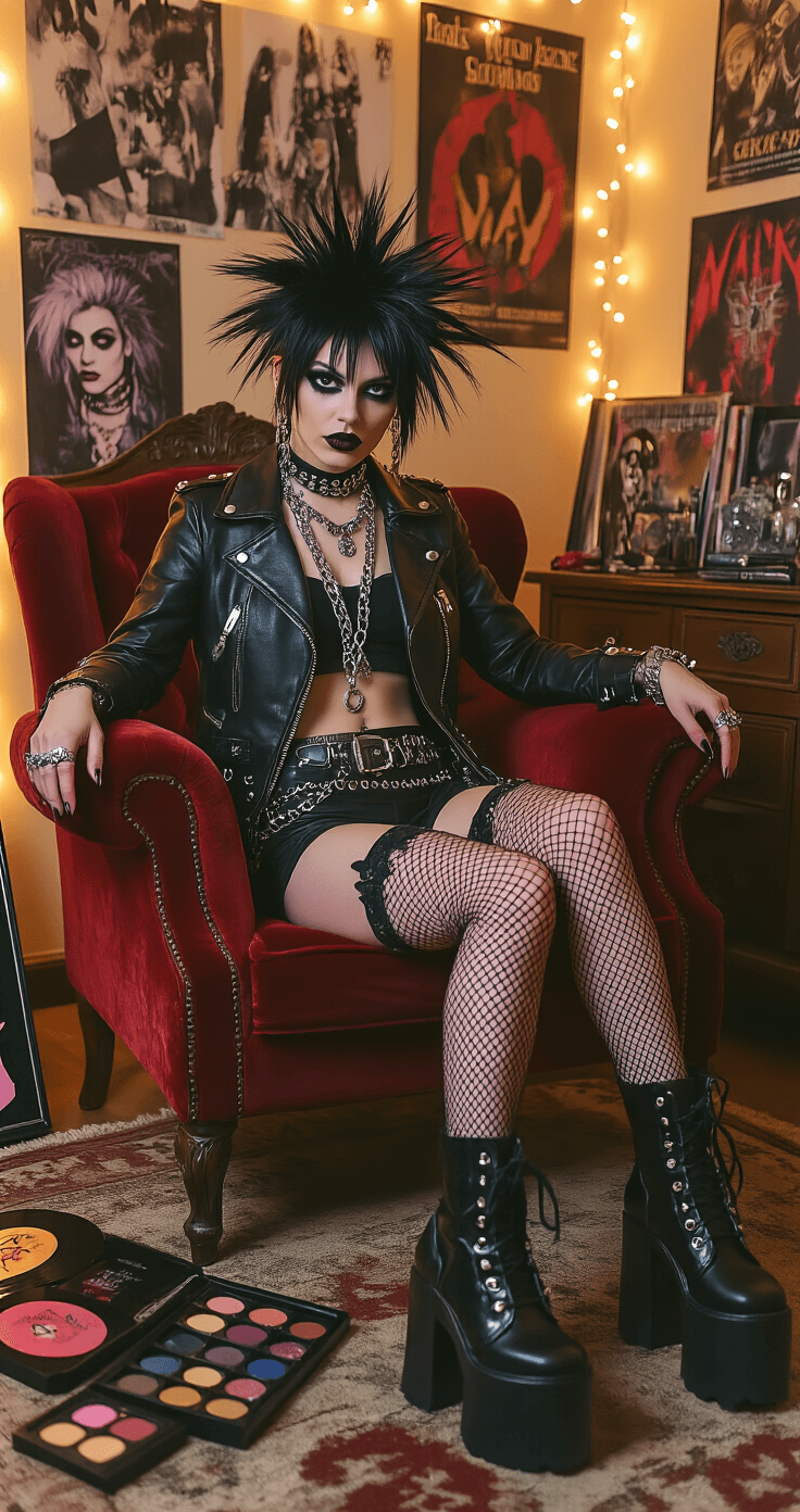 A stylish bedroom with fairy lights features a woman laying out a punk-inspired Nana Osaki cosplay on a vintage velvet armchair, including a black leather jacket, ripped fishnet stockings, and platform boots. Nearby, a spiky black wig and gothic makeup supplies sit on a dresser, with band posters and vinyl records in the background, enhancing the rock aesthetic.