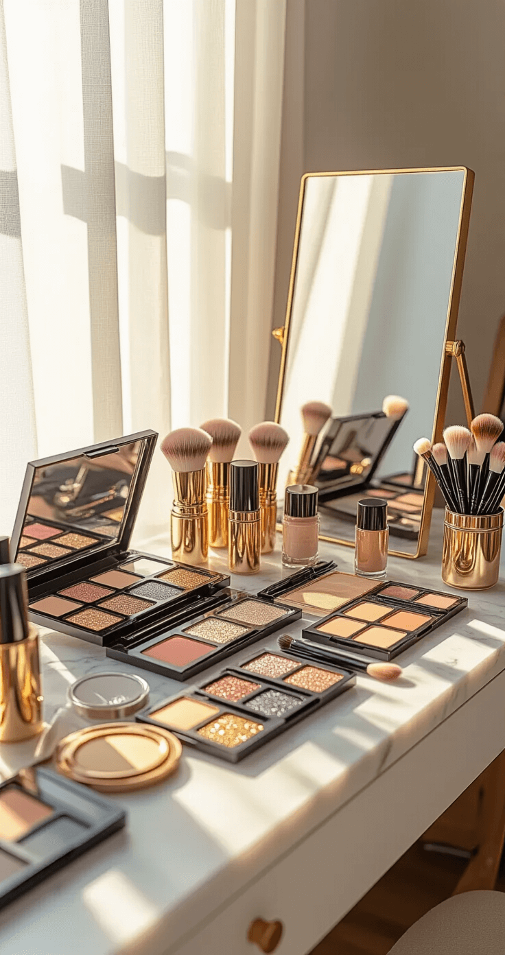 Cosplay Makeup Mastery: A Complete Guide to Character Transformation A well-lit makeup studio corner with professional lighting and a mirror, showcasing a white marble counter filled with organized cosplay makeup essentials, including vibrant eyeshadow palettes, SFX supplies, and professional brushes. Golden hour sunlight filters through sheer curtains, enhancing the metallic packaging and revealing texture-rich products like glittery shadows and creamy foundations.