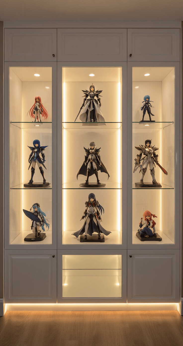 A wide-angle view of a sophisticated collector's room featuring floor-to-ceiling glass display cabinets illuminated by warm LED strips, showcasing premium anime figures on custom-built white cabinets with adjustable glass shelves. The room, captured at dusk, has soft ambient lighting creating subtle reflections, with a color palette of crisp whites, warm woods, and accent lighting.